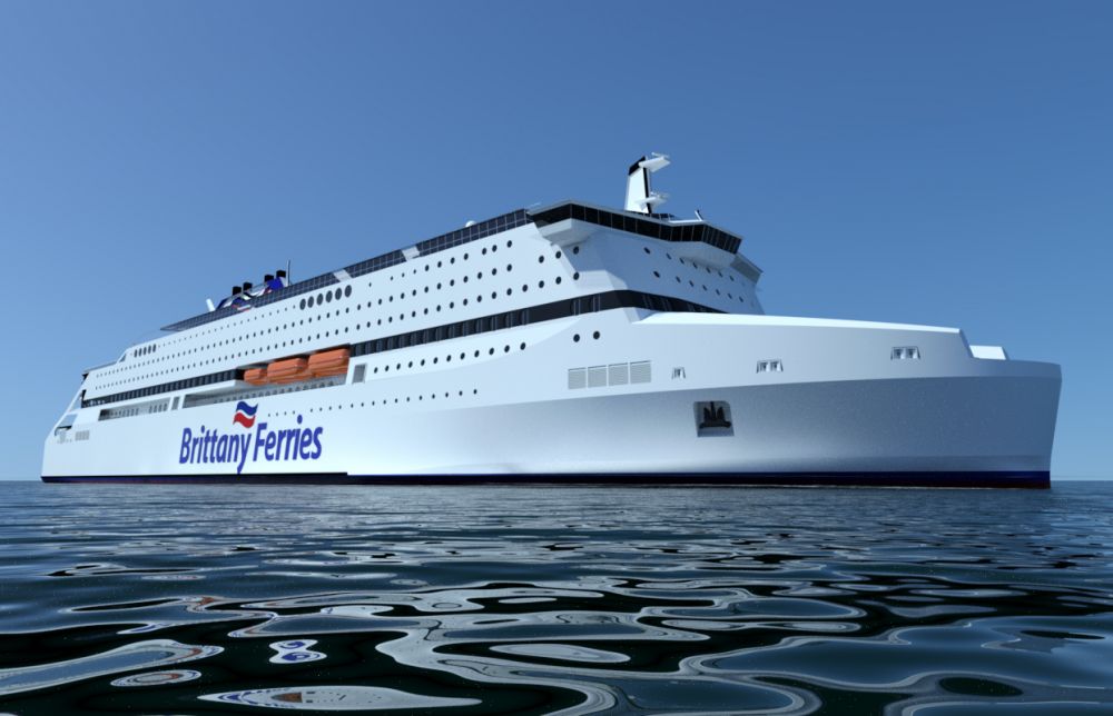 Image de synth&egrave;se du futur ferry au GNL de la Brittany Ferries publi&eacute;e sur le site de Mer et Marine ; cr&eacute;dits : STX France.
