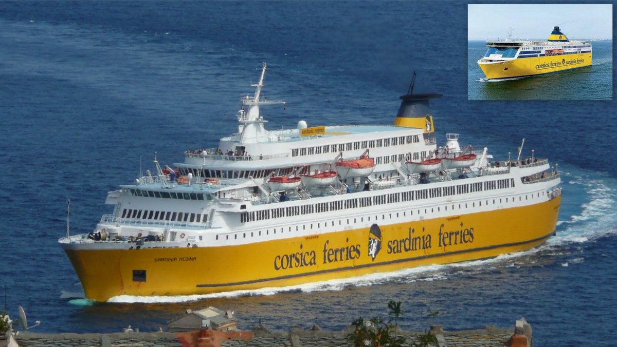 Photomontage du Sardinia Regina en ao&ucirc;t 2015 (photo : Romain Roussel) et de l'image de synth&egrave;se du Mega Express Six (source : Corsica Ferries).